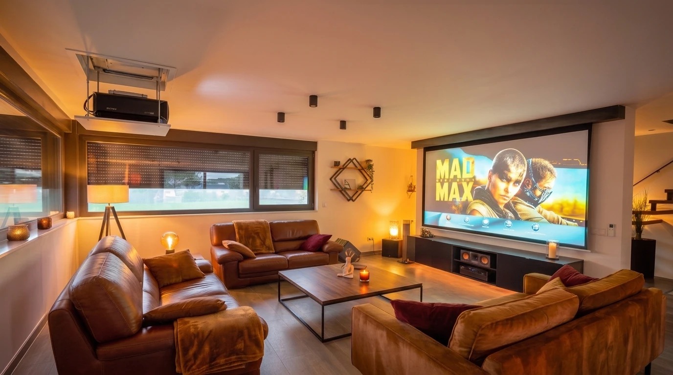 Home cinéma intégré dans un salon — projecteur escamotable, écran et enceintes, réalisation Obsidian