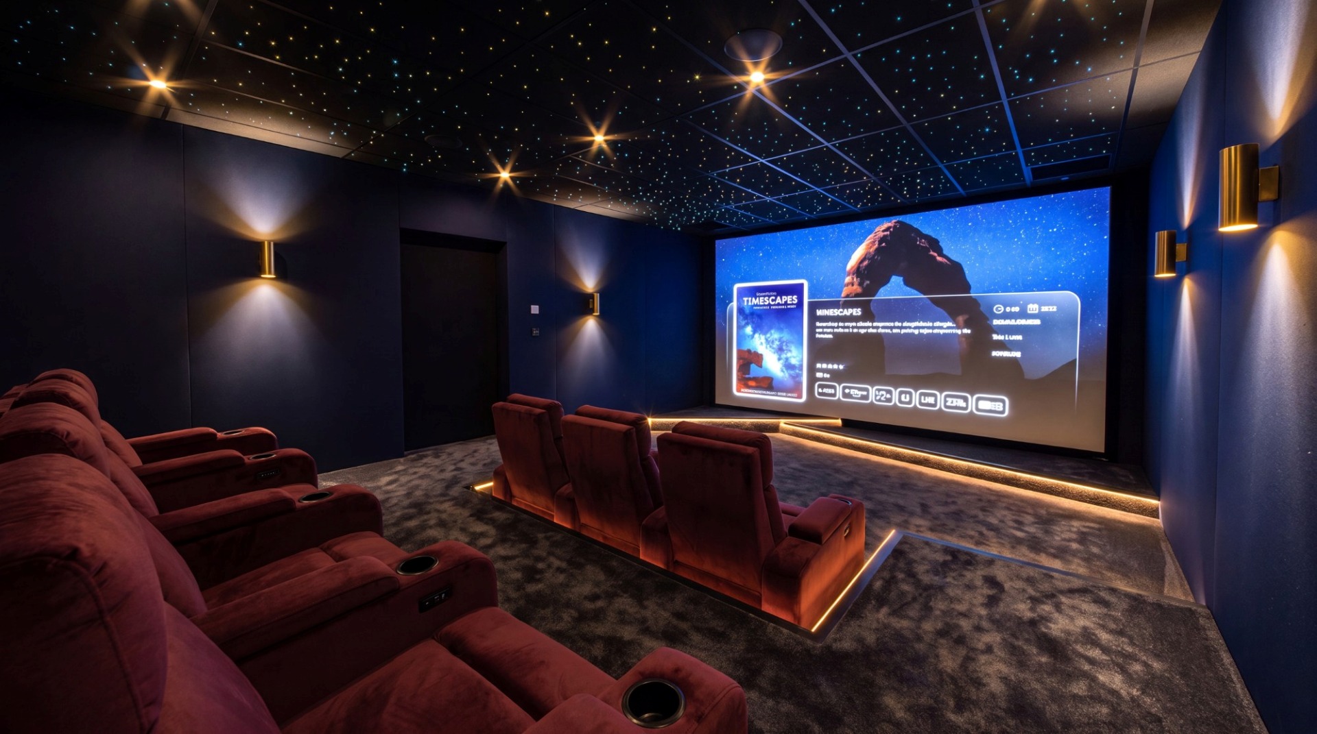 Salle de cinéma privée dédiée — fauteuils velours, écran et plafond étoilé, réalisation Obsidian
